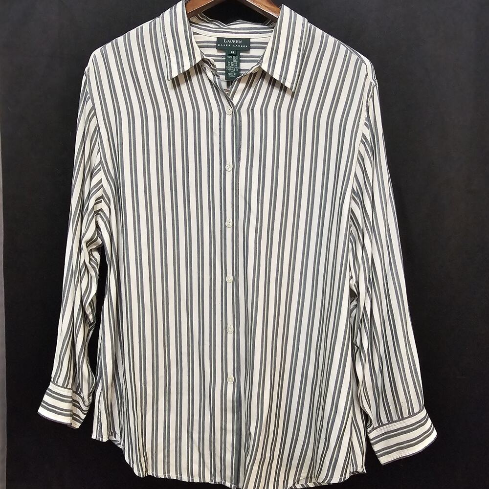 Womens Ralph Lauren Silk Button Down Shirt 14 Striped Quiet Luxury Old Money